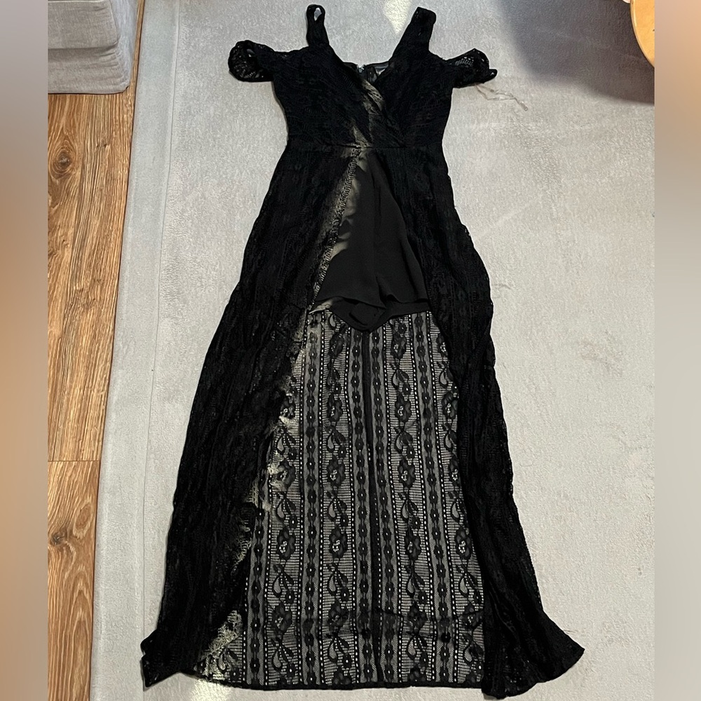 Black Lace Maxi Romper Dress | Size XS-S
